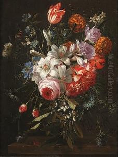 Lilies, Tulips, Chrysanthemums,
Thistles And Other Flowers In A Glass Vase With A Butterfly And A Beetle
On A Ledge - view 1