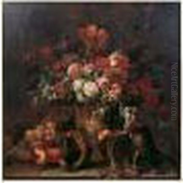 Bouquet De Fleurs, Coupe De Fruits Et Singe Sur Un Entablement - view 1