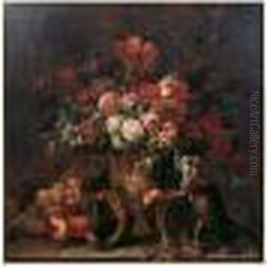 Bouquet De Fleurs, Coupe De Fruits Et Singe Sur Un Entablement by Gaspar-pieter The Younger Verbruggen
