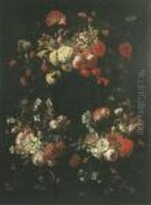 Tulips, Roses, Narcissi, Peonies In A Circular Garland by Gaspar-pieter The Younger Verbruggen
