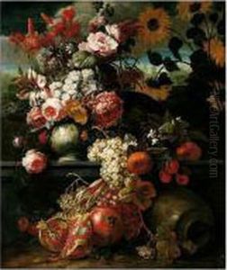 A Still Life Of Roses, Tulips,
And Other Flowers In A Porcelain Vase, Together With Pomegranates, Plums
And Grapes, In An Ornamental Landscape by Gaspar-pieter The Younger Verbruggen