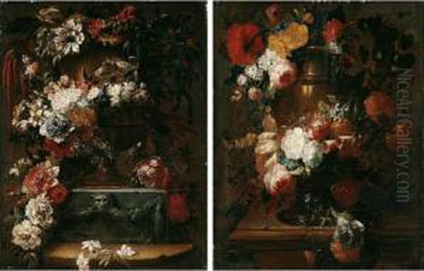 Still Lifes Of Flower Garlands Adorning Gilt Urns, Upon Marble Ledges - view 1