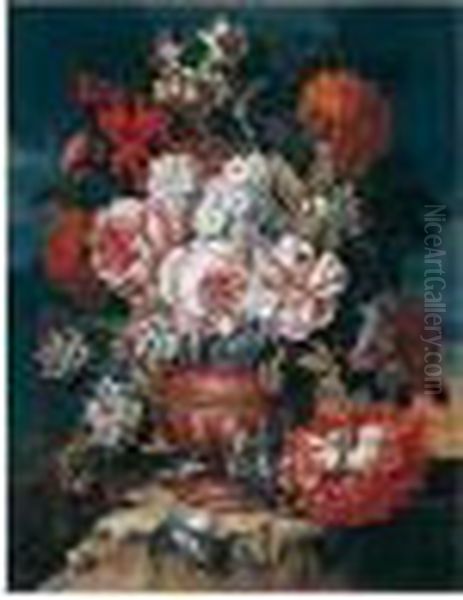 Still Life Of Roses, Narcissi, 
Carnations, Morning Glory And Orange Blossom, In A Sculpted Urn, Within A
 Landscape Setting - view 1
