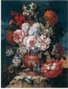 Still Life Of Roses, Narcissi, 
Carnations, Morning Glory And Orange Blossom, In A Sculpted Urn, Within A
 Landscape Setting by Gaspar-pieter The Younger Verbruggen