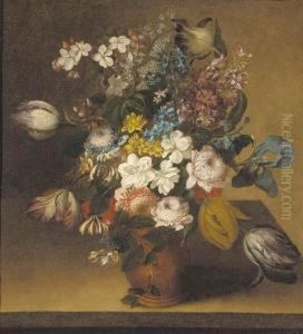 Honeysuckle, Irises, Stocks, Tulips, Chrysanthemums And Narcissi In A Vase On A Table by Gaspar-pieter The Younger Verbruggen