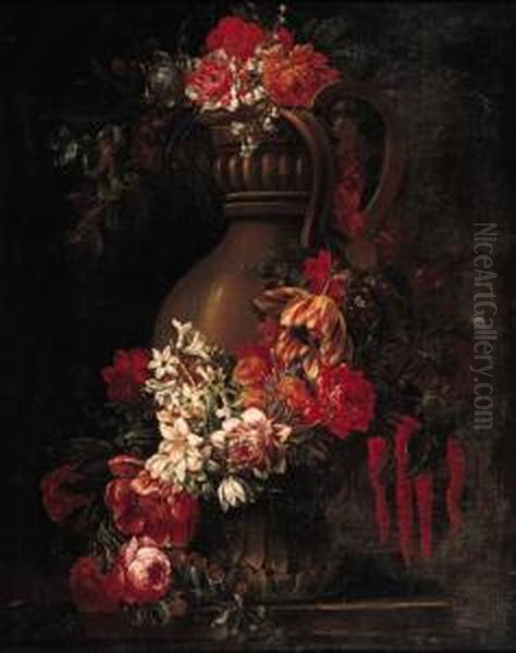 A Garland Of Flowers Decorating A Sculpted Urn On A Stone Ledge, Alandscape Beyond - view 1