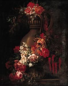 A Garland Of Flowers Decorating A Sculpted Urn On A Stone Ledge, Alandscape Beyond by Gaspar-pieter The Younger Verbruggen