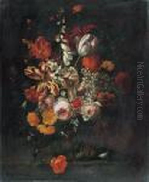 Roses, Tulips, Narcissi, A Foxglove And Other Flowers In A Glassvase On A Ledge - view 1