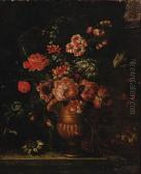 Roses, Honeysuckle, A Carnation And Other Flowers In A Gilt Urn, Ona Stone Ledge - view 1