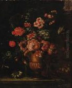 Roses, Honeysuckle, A Carnation And Other Flowers In A Gilt Urn, Ona Stone Ledge by Gaspar-pieter The Younger Verbruggen