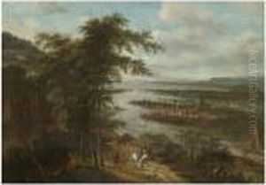 An Extensive River Landscape With Huntsmen In The Foreground, Atown Beyond