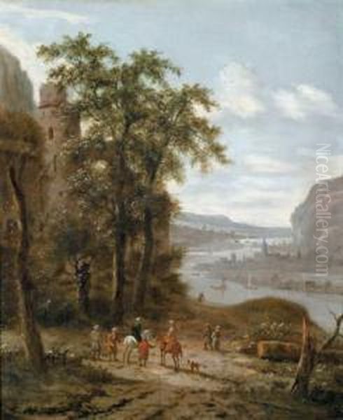 Ampio Paesaggio Fluviale Boschivo Con Vista Di Una Citta E Figure - view 1