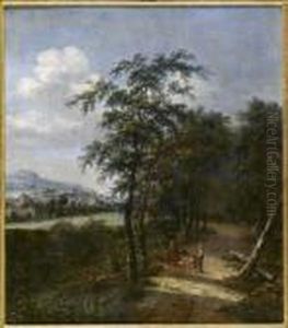 An Extensive Wooded Landscape With Figures On A Path.