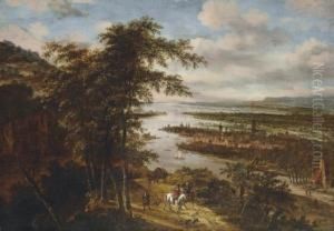An Extensive River Landscape With Sportsmen On A Path, A Town Beyond