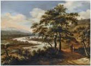 A River Landscape With A Horseman And A Traveller On A Path, A View Of A Town Beyond