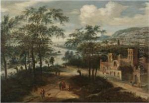 A River Landscape With Figures On A Track By A Ruined Monastery