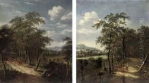 An Extensive Wooded Landscape 
With Travellers On A Track; And A Wooded Landscape With A Family On A 
Track, A Church Beyond