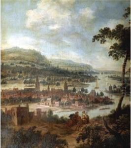 An Extensive River Landscape With Cavaliers Galloping In The Foreground