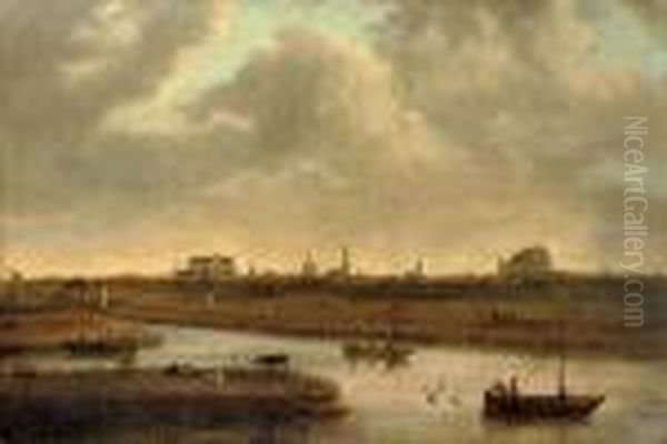 A View Of Leiden With Figures In Boats In The Foreground - view 1