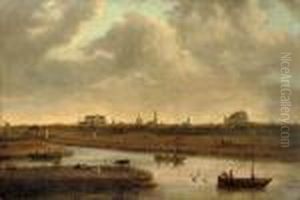 A View Of Leiden With Figures In Boats In The Foreground by Dionys Verburgh