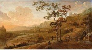 A River Landscape With A Figure 
Near A Fence And Fishermen Unloading The Catch, A Ruin In The Background