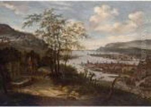 An Extensive River Landscape
With Towns And Sailing Boats, Figures Near A Fountain On The Left And
Mountains Beyond by Dionys Verburgh