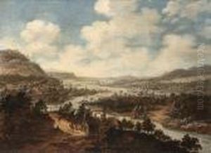 An Extensive River Landscape With Figures On A Track, A Village And Churches Beyond