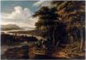 An Extensive River Landscape With Figures Resting Beside A Road Leading To A Cottage