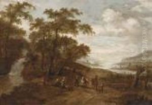 A Wooded Landscape With Travellers By A Waterfall, A River Valleybeyond