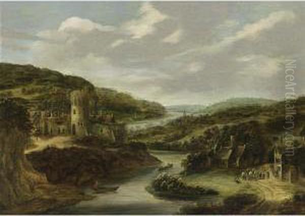 An Extensive Rhenish Landscape With A Fortified Tower And A View Of A Village Beyond - view 1