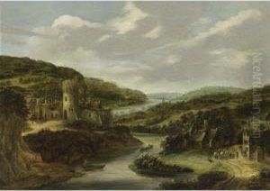 An Extensive Rhenish Landscape With A Fortified Tower And A View Of A Village Beyond by Dionys Verburgh