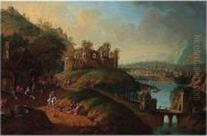 A River Landscape With Figures Outside An Inn Beneath A Ruined Castle, A Town Beyond