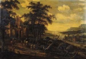 Travellers And Peasants On A Road By A Ruined Mansion, A Valley Beyond by Dionys Verburgh