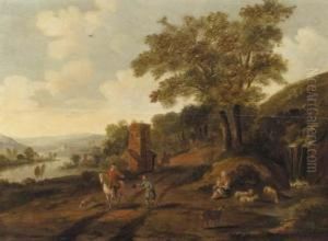 Travellers On A Road By A Waterfall