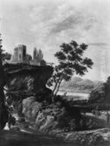 Travellers On A Path Near A Torrent, A Monastery On A Cliff And Avalley Beyond