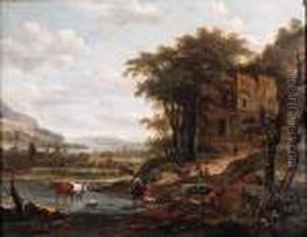 Drivers Watering Cattle And Muleteers On A Path In A Mountainousriver Landscape - view 1