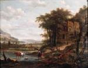 Drivers Watering Cattle And Muleteers On A Path In A Mountainousriver Landscape