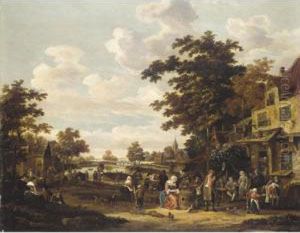 A Village Landscape With Revellers Outside An Inn by Rutger Verburgh