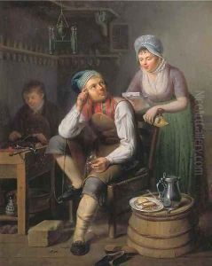A shoemaker and a cobbler at work, a lady reading a letter nearby by Pieter Fontijn