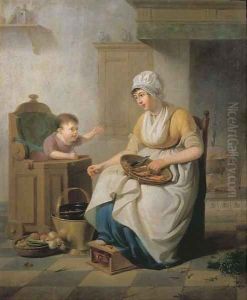 A small child in a high chair with a servant cleaning vegetables seated nearby, in a kitchen interior by Pieter Fontijn