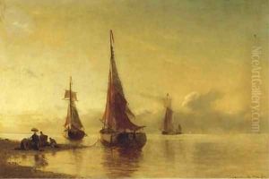 Moored sailing vessels by a coast at dusk by Viggo Fauerholdt