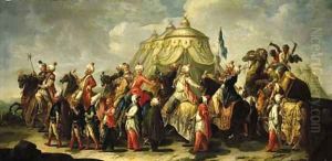 A triumphal procession of men in turban and oriental clothes