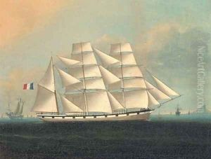 A French barque in the company of a deep water junk by Lai Fong