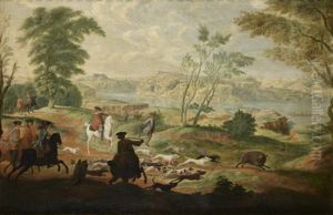 Chasse Au Sanglier Dans Un Paysage De Riviere