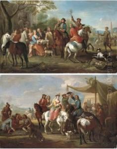An Elegant Hunting Party By A 
Sutler's Booth, A Landscape Beyond; And An Elegant Hunting Party At Rest
 In A Park Landscape