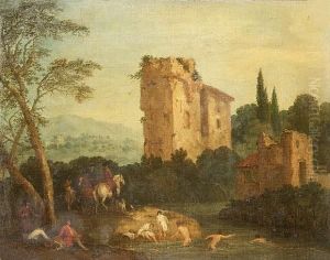 Men Bathing In A River With Riders, A Ruined Castle Beyond by Jan Peeter Verdussen