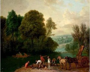 Pecheurs En Barque, Remontant 
Leur Filet, Tandis Que D'autres, Sur La Berge De La Riviere, Tiennent 
Leurs Prises.