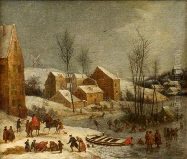 Winter Landscape With Numerous Figures Skating Near A Village - view 1