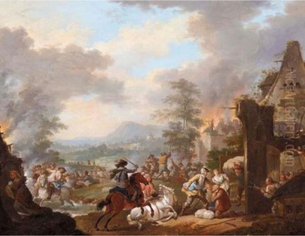A Battle Scene With A Village Being Sacked - view 1