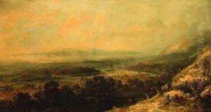 A Military Column Descending To A River Plain With A Town Undernaval Bombardment Beyond